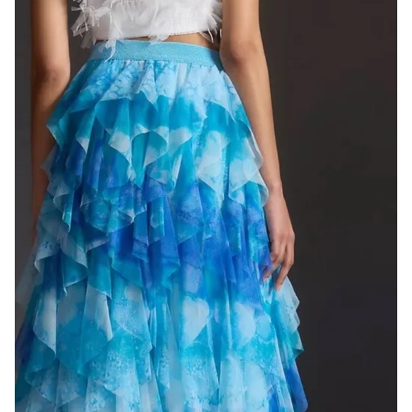 Anthropologie The Cheri Ruffled Tulle Midi Skirt Elastic Waist Lined  Combo Blue - Picture 5 of 9